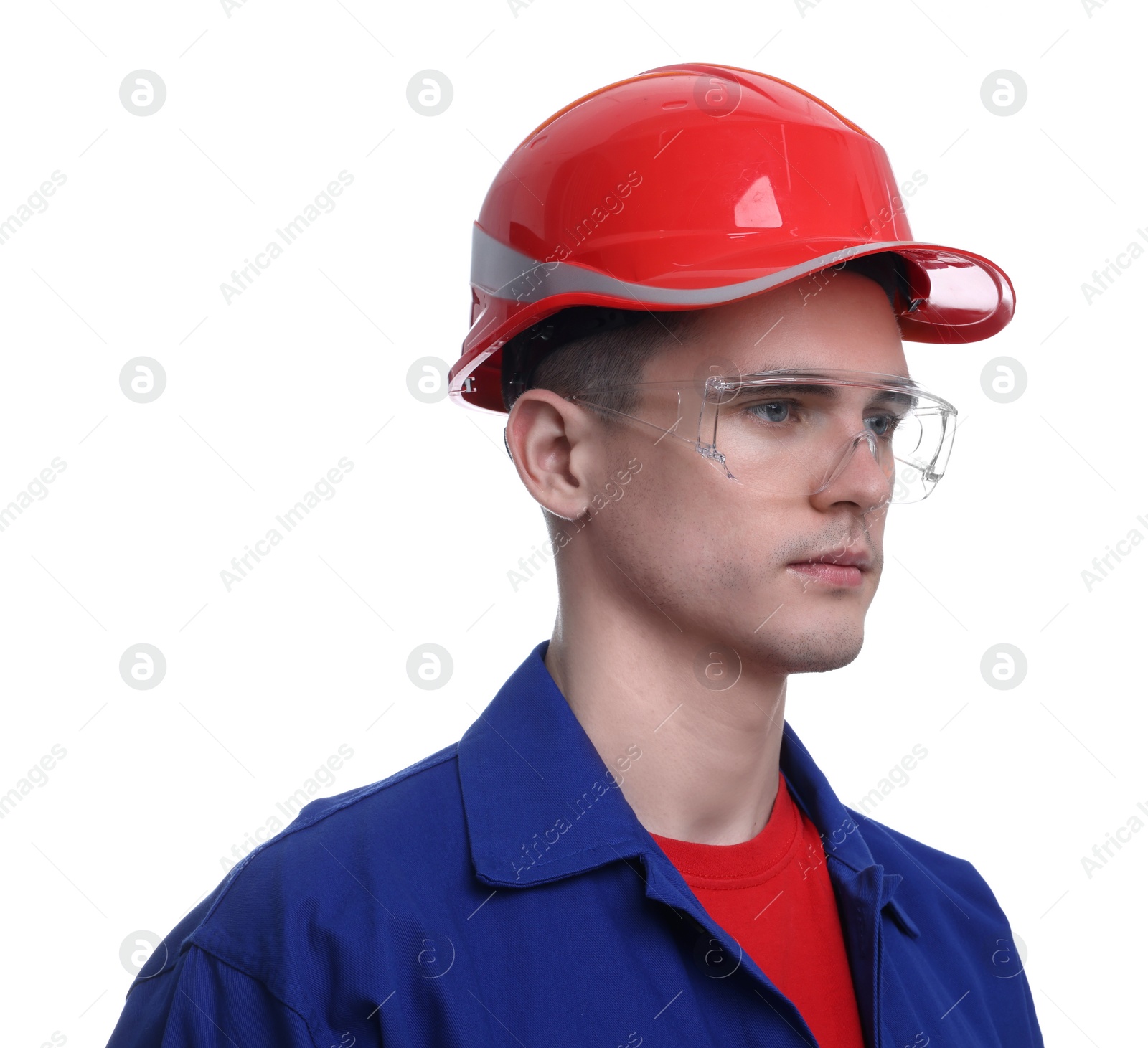 Photo of Young man wearing safety equipment on white background