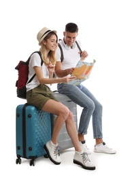 Photo of Couple with map and suitcases on white background. Summer travel