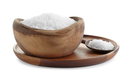 Photo of Natural salt in wooden bowl and spoon isolated on white