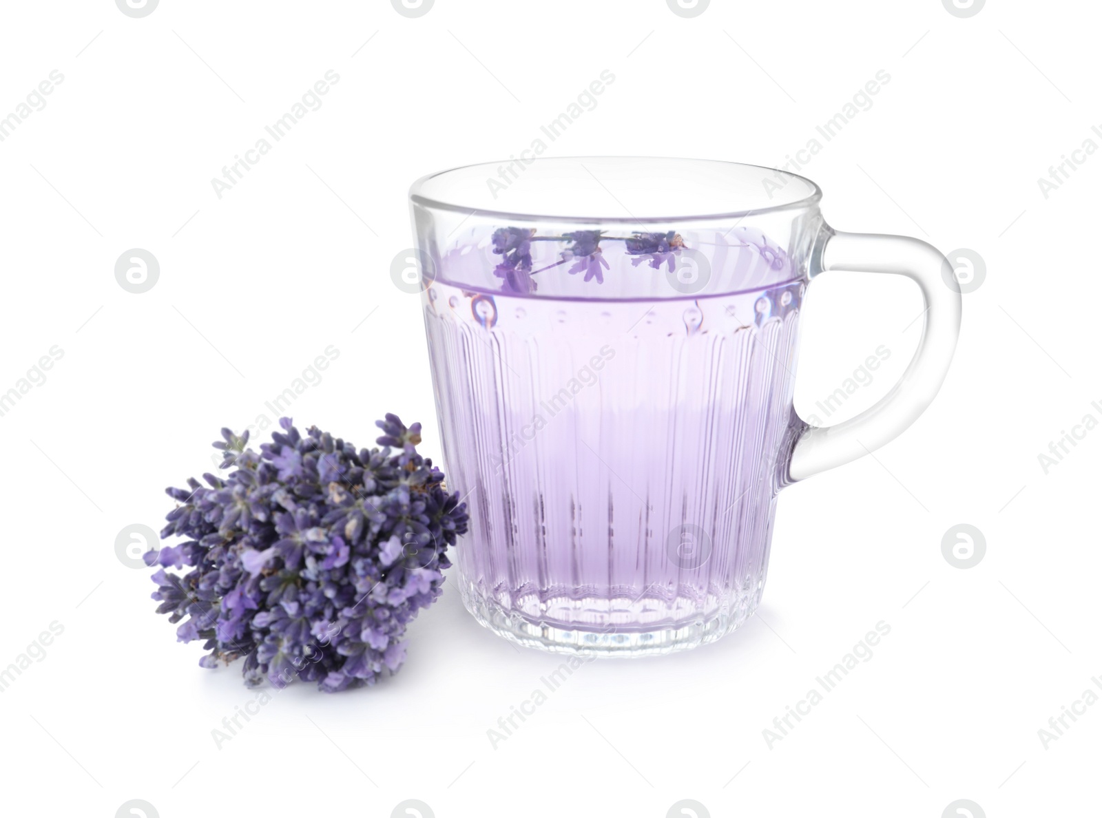 Photo of Delicious drink with lavender and fresh flowers isolated on white