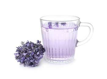 Delicious drink with lavender and fresh flowers isolated on white