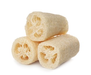 Natural shower loofah sponges on white background