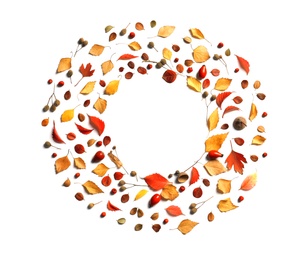 Photo of Flat lay composition with autumn leaves and space for text on white background