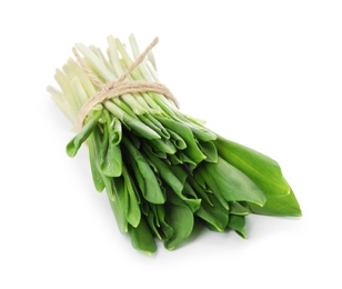 Photo of Bunch of wild garlic or ramson isolated on white