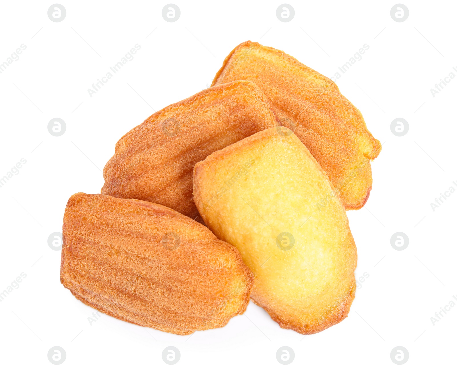 Photo of Pile of delicious madeleine cakes on white background, top view