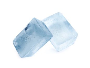 Photo of Ice cubes on white background. Frozen liquid