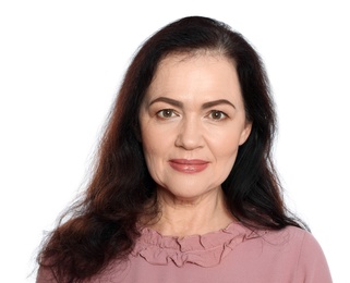 Portrait of mature woman with beautiful face on white background