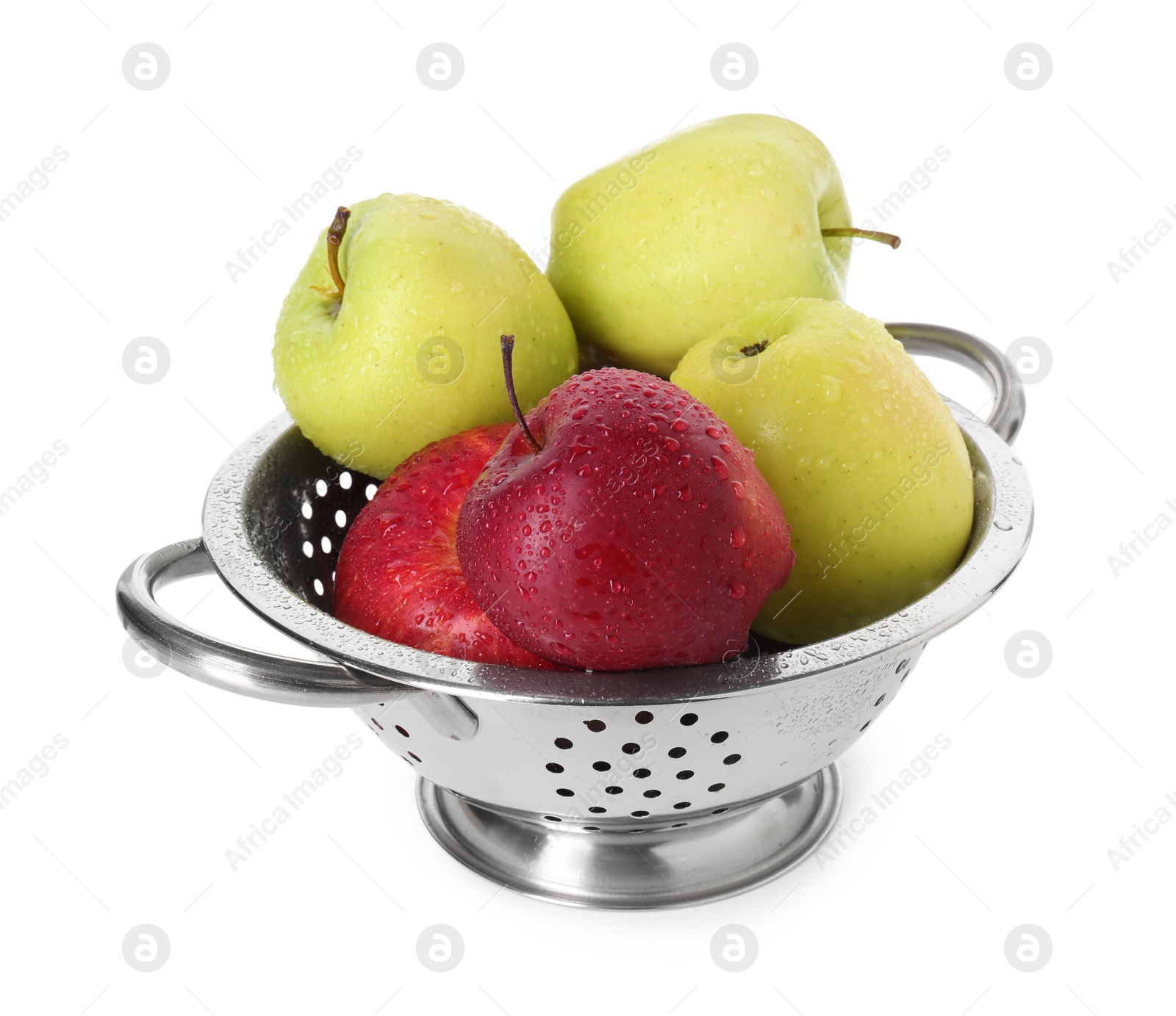 Photo of Metal colander with fresh apples isolated on white