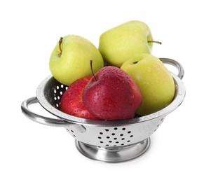 Photo of Metal colander with fresh apples isolated on white