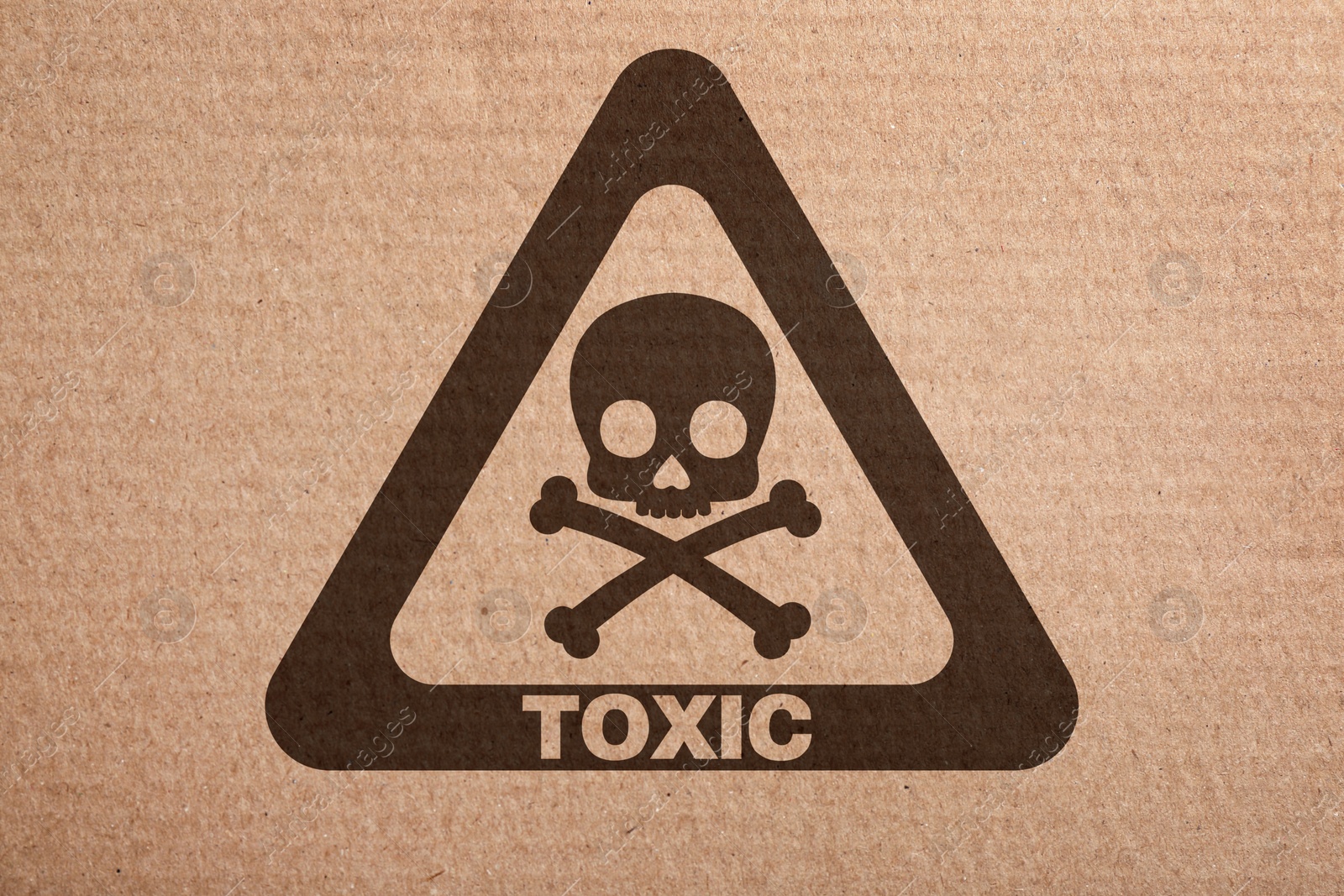 Image of Hazard warning sign (skull-and-crossbones symbol and word TOXIC) on cardboard, top view