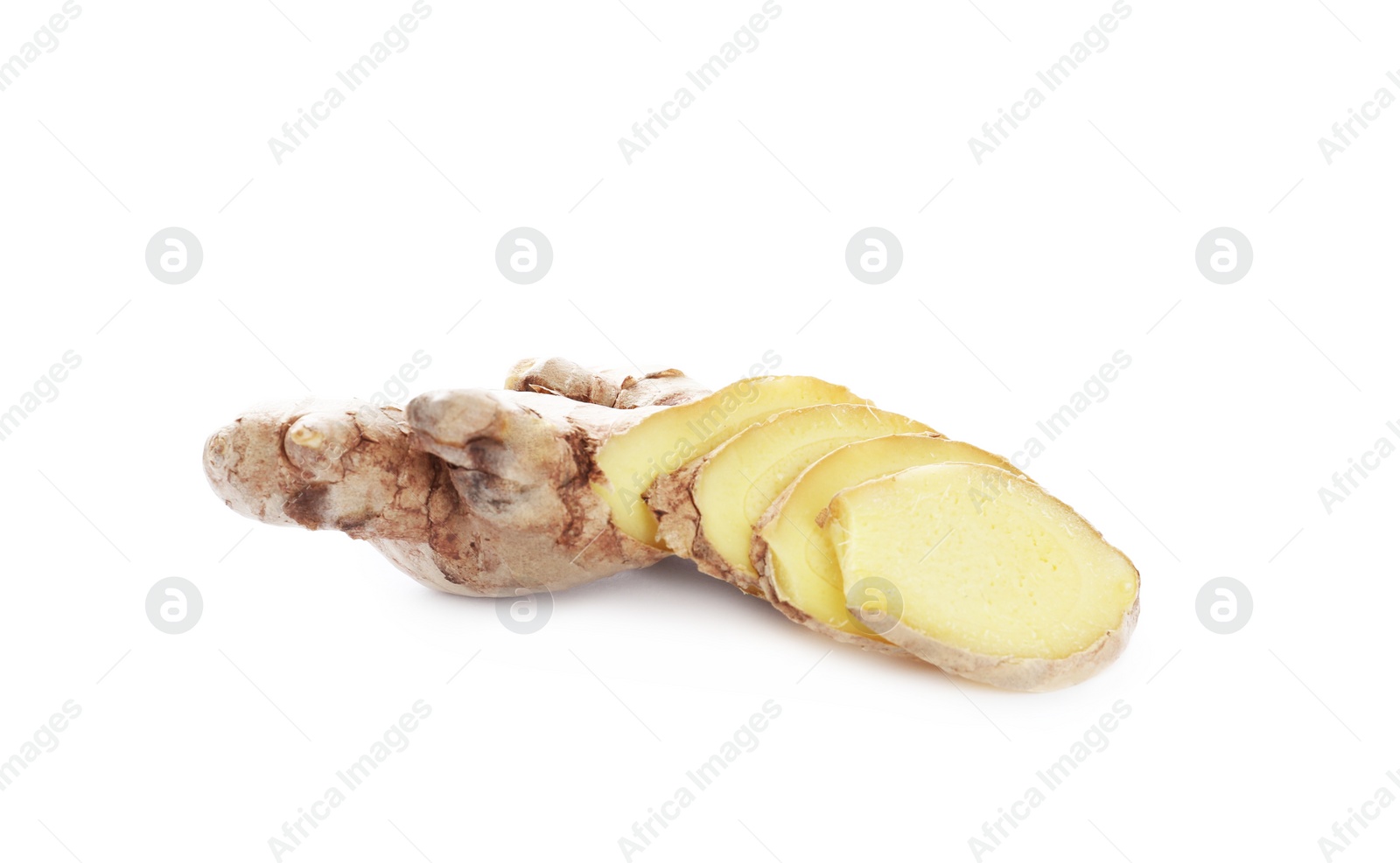 Photo of Cut fresh ginger root isolated on white