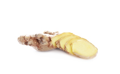 Photo of Cut fresh ginger root isolated on white