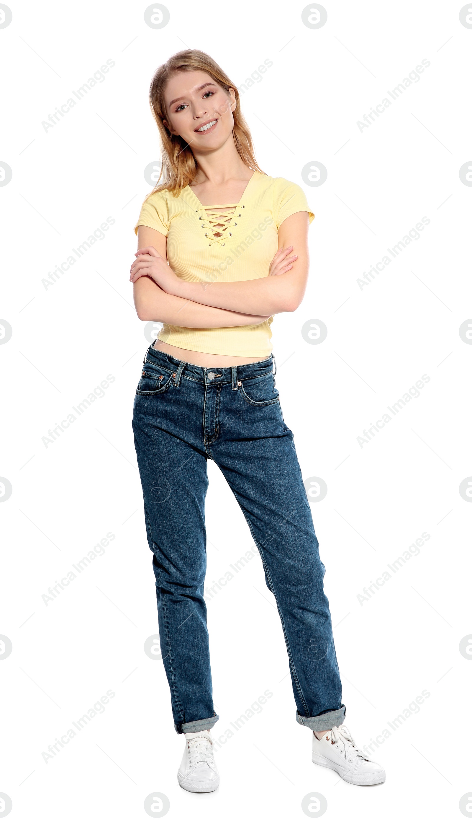 Photo of Portrait of beautiful young woman on white background