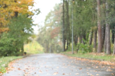 Photo of Blurred view of pathway in autumn park on rainy day