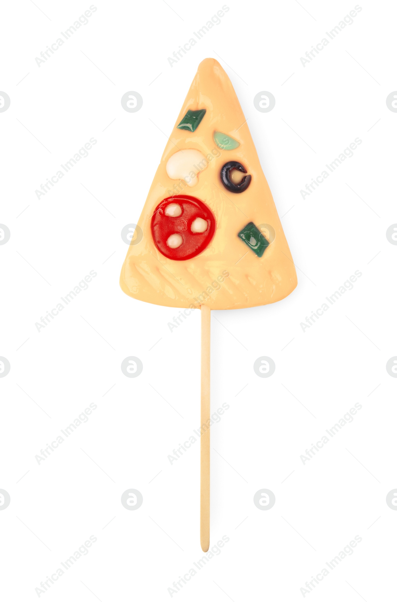 Photo of Pizza shaped lollipop isolated on white, top view