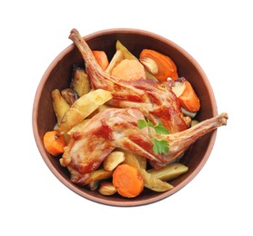 Tasty cooked rabbit with vegetables in bowl isolated on white, top view