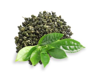 Dry green tea and fresh leaves on white background, top view