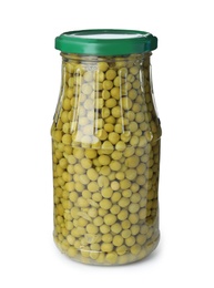 Photo of Glass jar with pickled green peas isolated on white