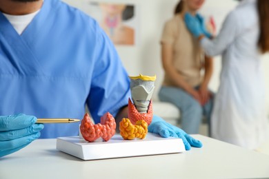 Photo of Endocrinologist showing thyroid gland models at table while another doctor examining patient in hospital, closeup
