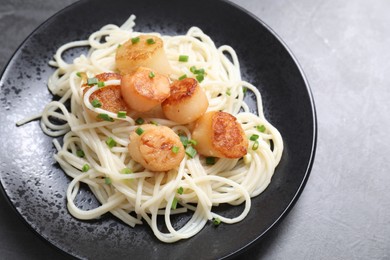 Photo of Delicious scallop pasta with green onion on grey table, closeup