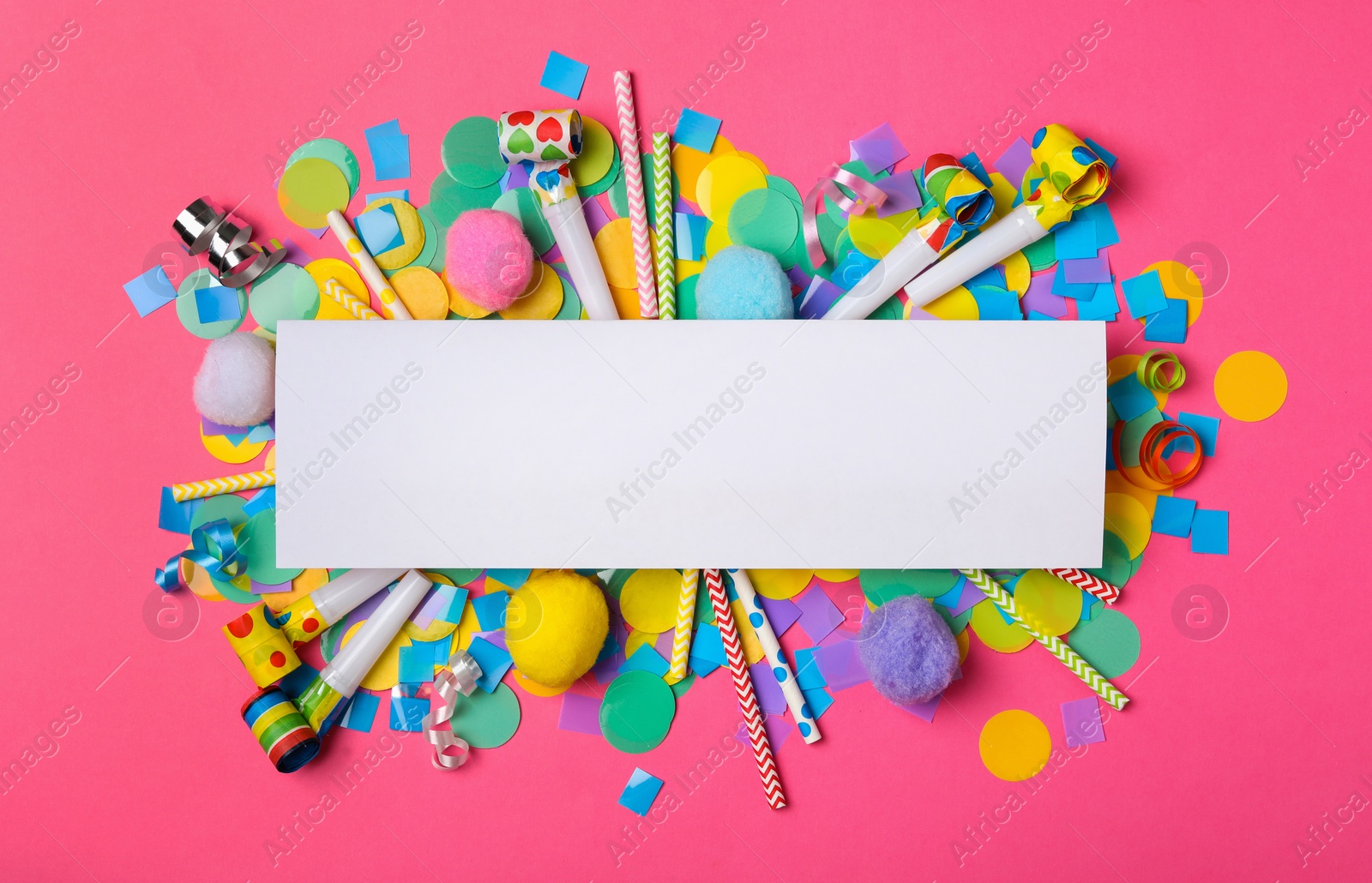 Photo of Blank paper note and decor on pink background, flat lay with space for text. April Fool's Day