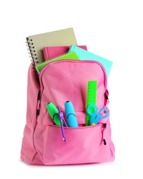 Photo of Backpack with school stationery on white background