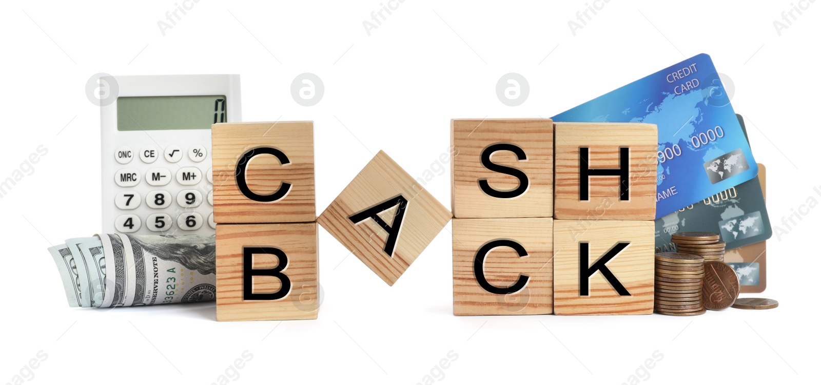 Photo of Wooden cubes with words Cash Back, credit cards, money and calculator on white background