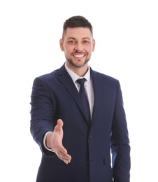Photo of Businessman reaching out for handshake on white background