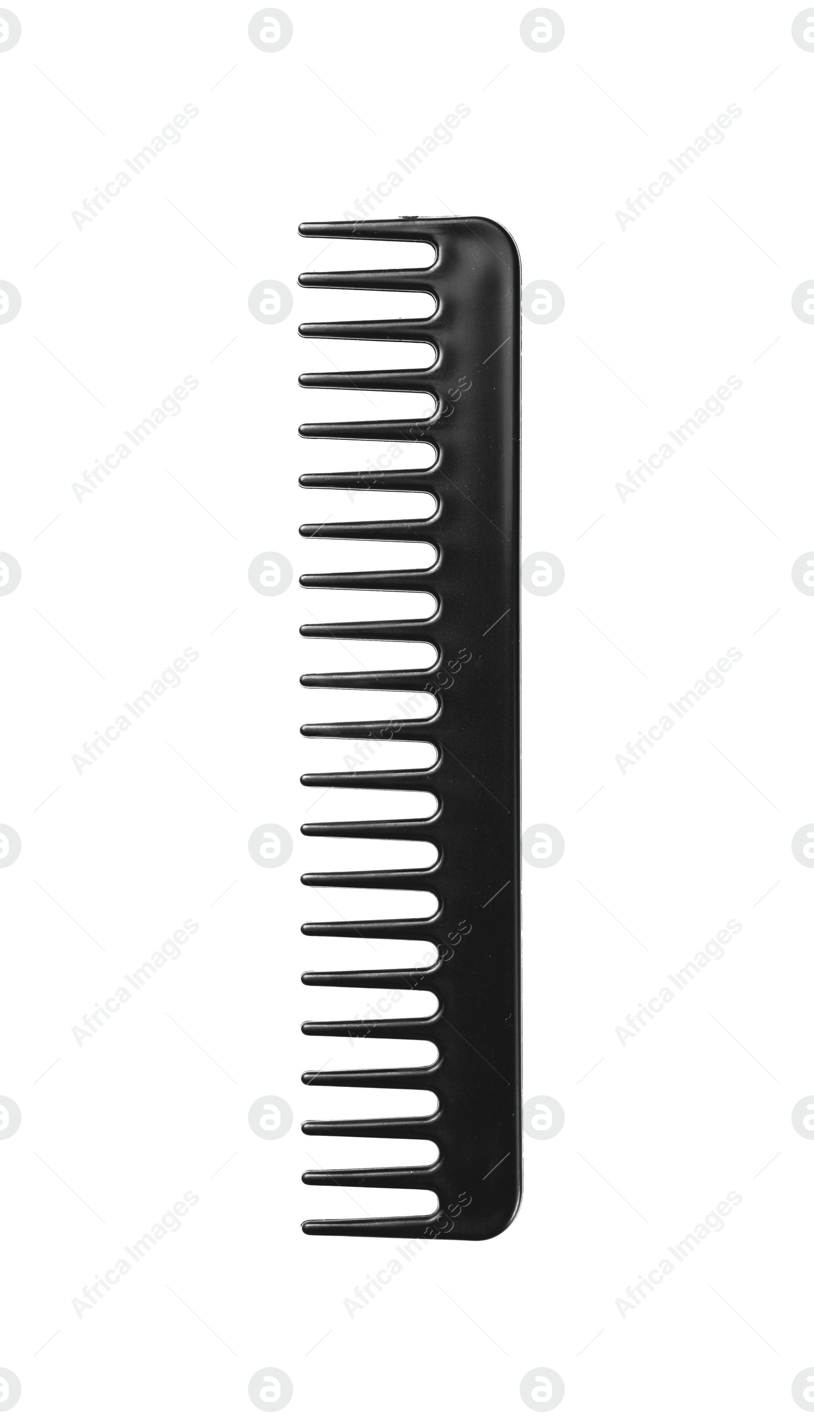 Photo of New plastic hair comb isolated on white, top view