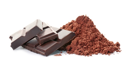 Cocoa powder and pieces of chocolate on white background