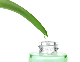 Photo of Aloe vera juice dripping from plant into bottle