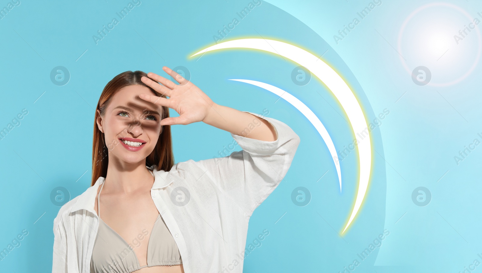 Image of Sun protection product (sunscreen) as barrier against ultraviolet, banner design. Beautiful young woman shading herself with hand on light blue background