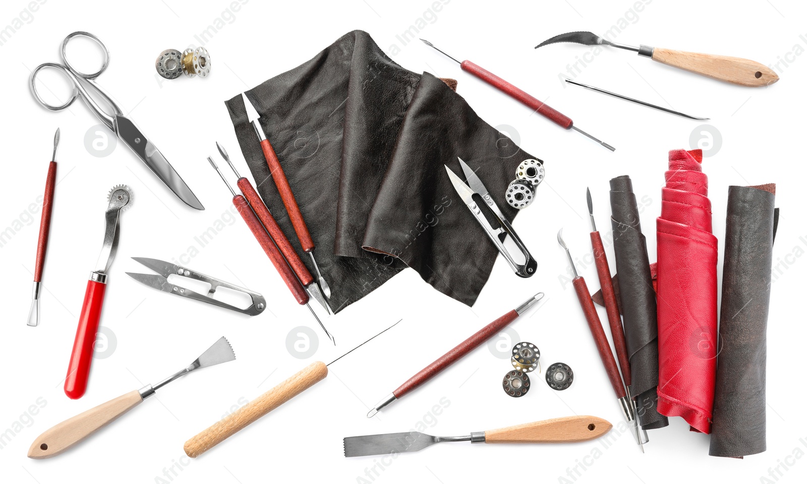 Image of Set with leather samples and craftsman tools on white background, top view