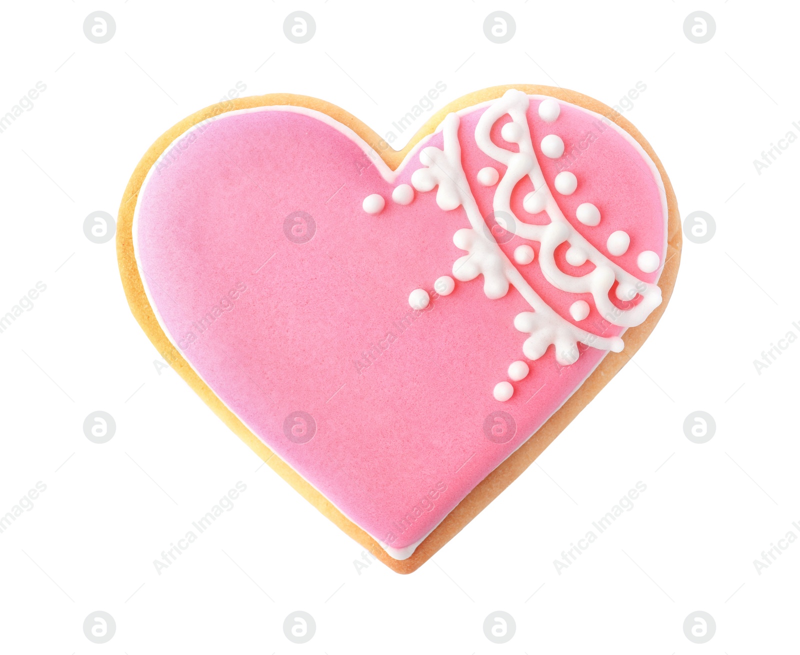 Photo of Decorated heart shaped cookie on white background, top view