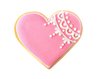 Photo of Decorated heart shaped cookie on white background, top view