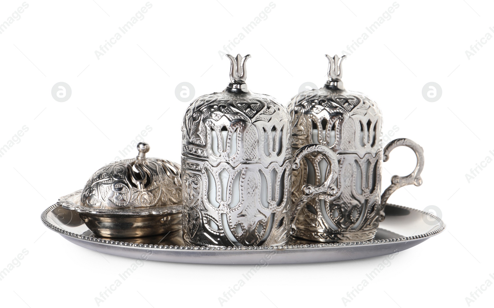 Photo of Beautiful vintage tea set on white background