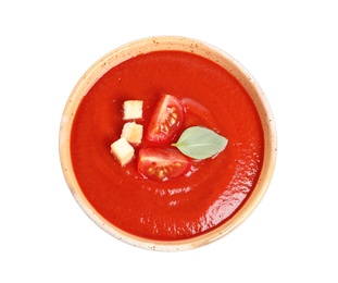 Photo of Bowl with fresh homemade tomato soup on white background, top view