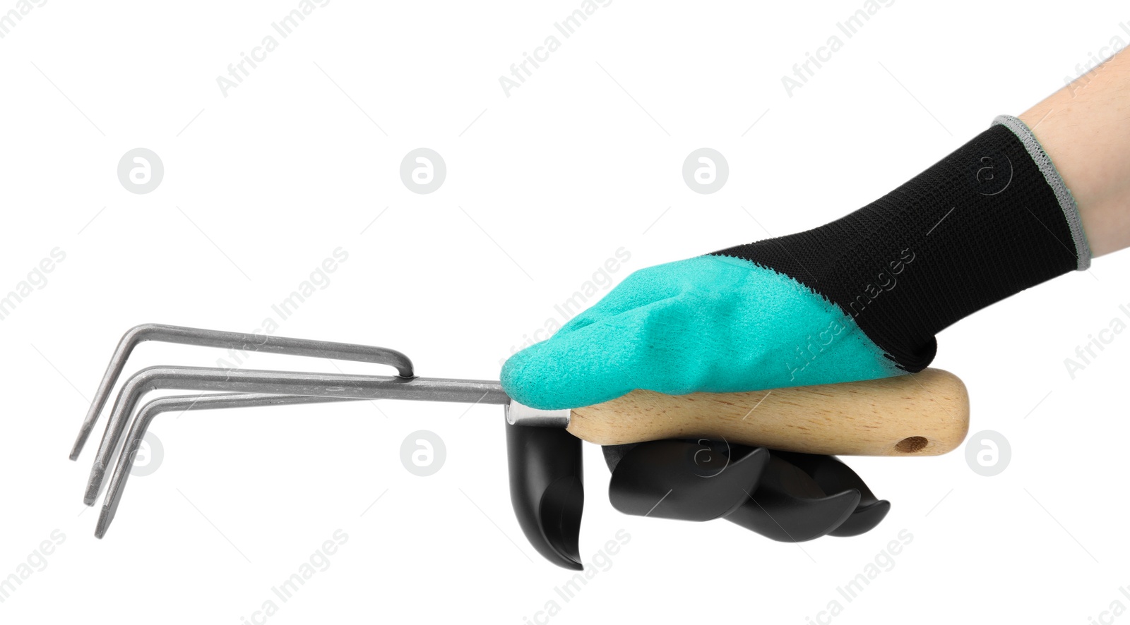 Photo of Woman in claw gardening glove holding rake on white background, closeup