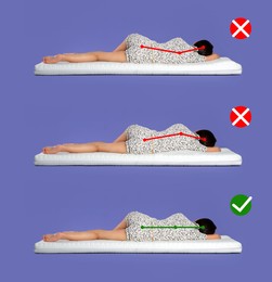 Image of Collage with photos of woman lying on mattress. Wrong and correct sleeping posture. Choose right mattress