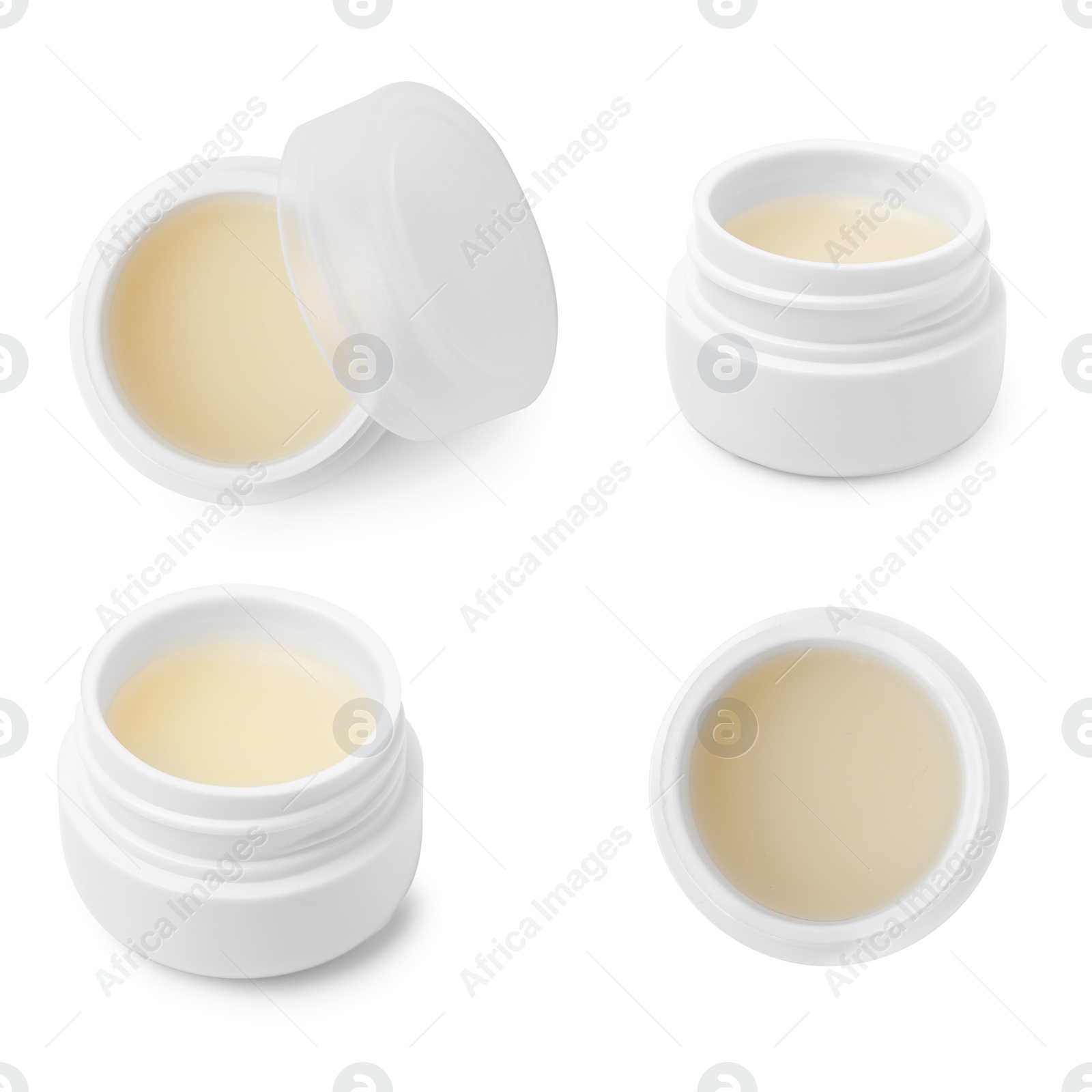 Image of Collage with petroleum jelly in jars on white background, top and side views. Cosmetic petrolatum