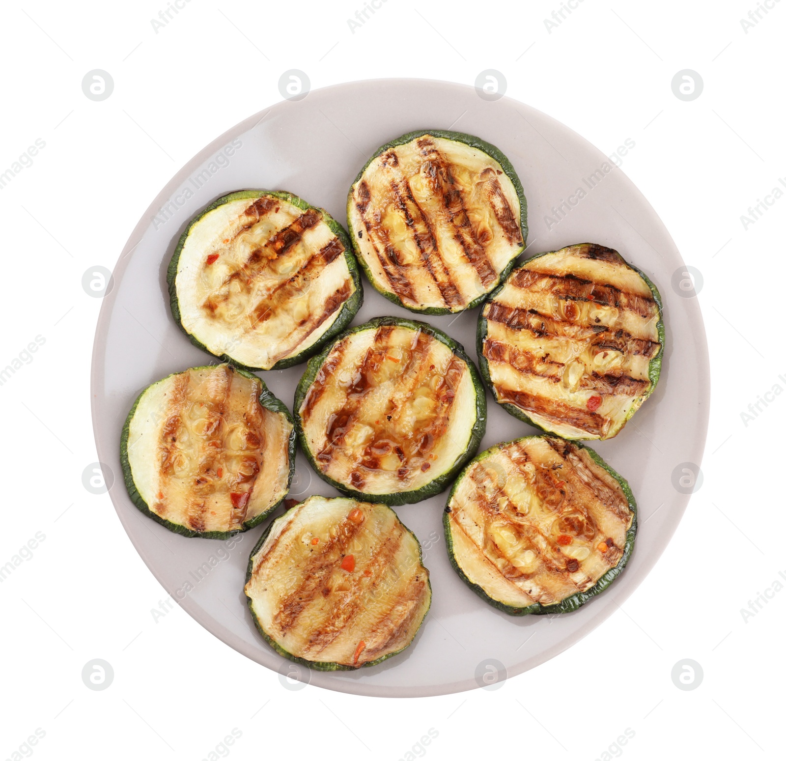 Photo of Grilled zucchini slices on white background, top view