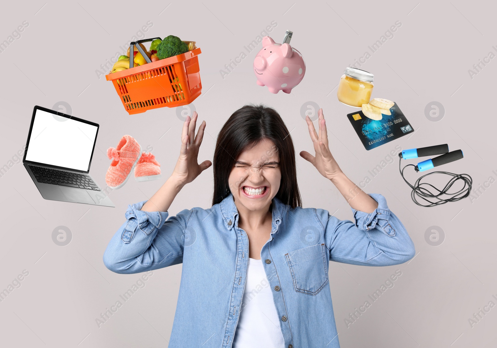 Image of Overwhelmed woman and different objects around her on light grey background