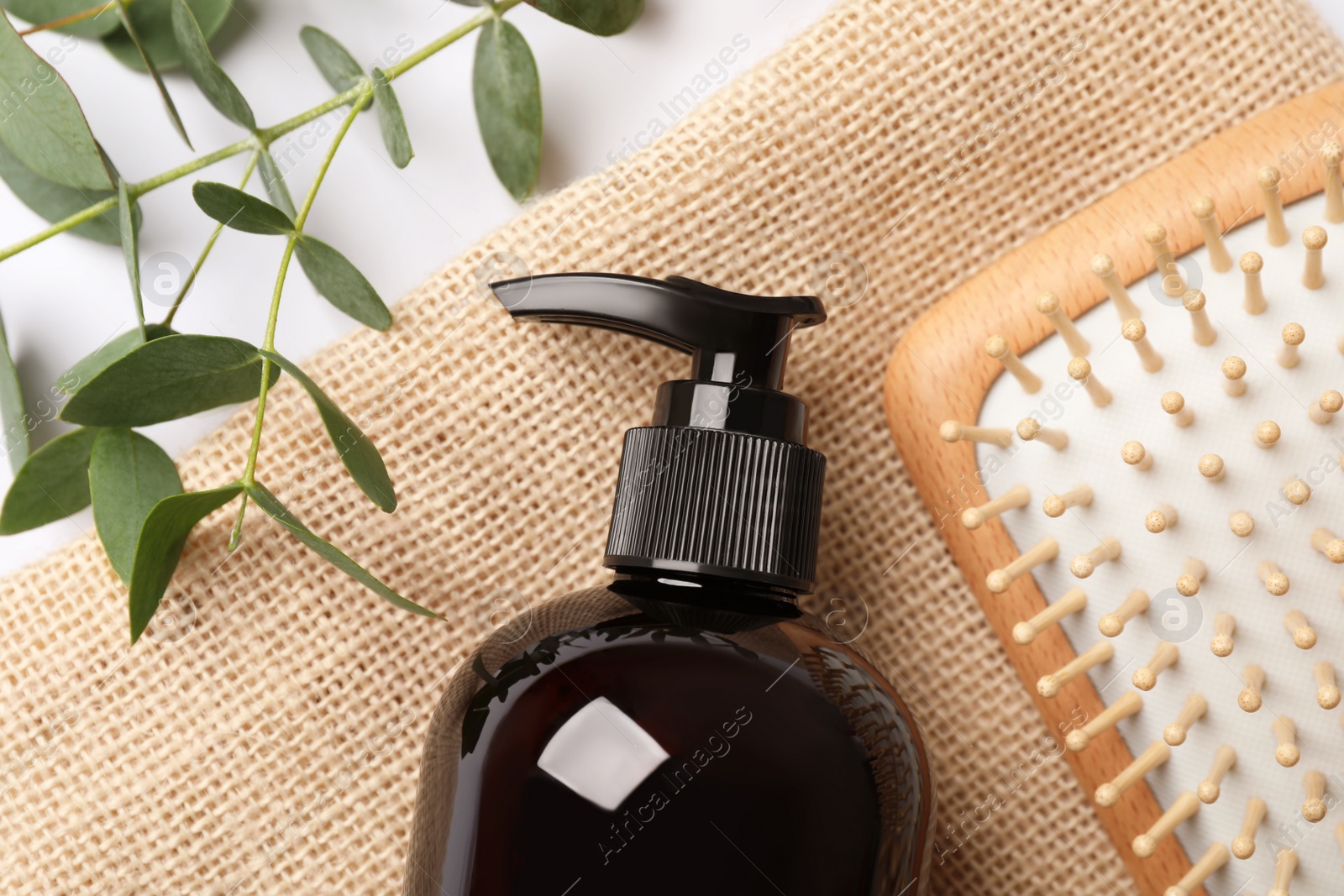 Photo of Shampoo bottle, green leaves and brush on white background, flat lay