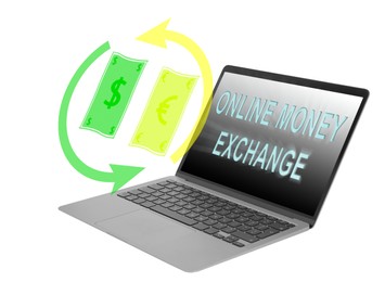 Image of Online money exchange. Illustration of dollar and euro banknotes with arrows over laptop on white background