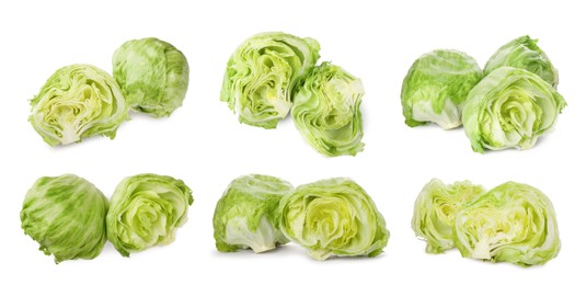 Collage with fresh lettuce heads on white background