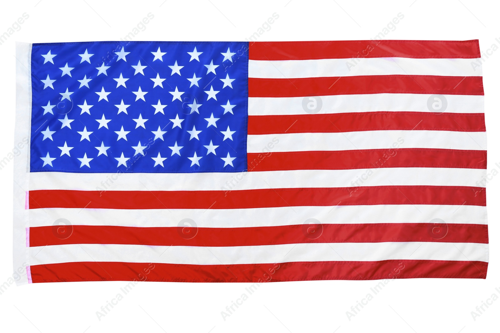 Photo of American flag on white background, top view