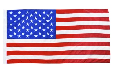 Photo of American flag on white background, top view