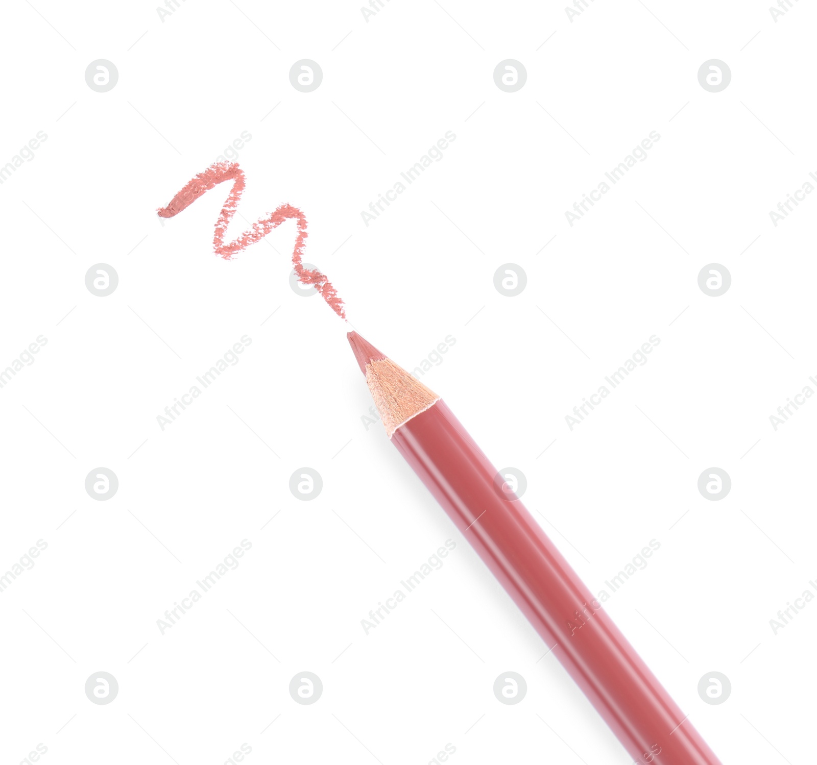 Photo of Bright lip liner stroke and pencil on white background, top view