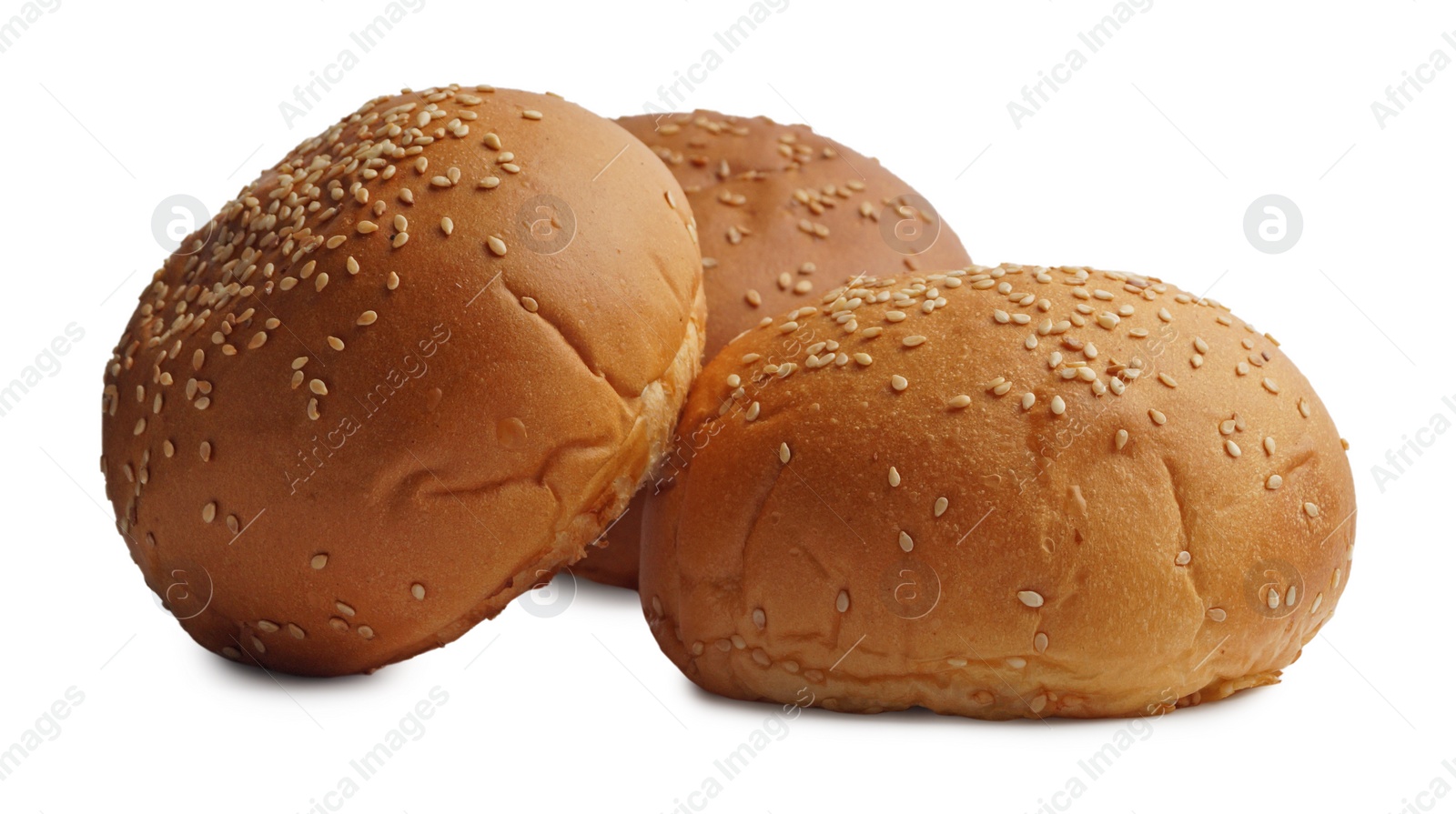 Photo of Fresh tasty buns with sesame seeds isolated on white