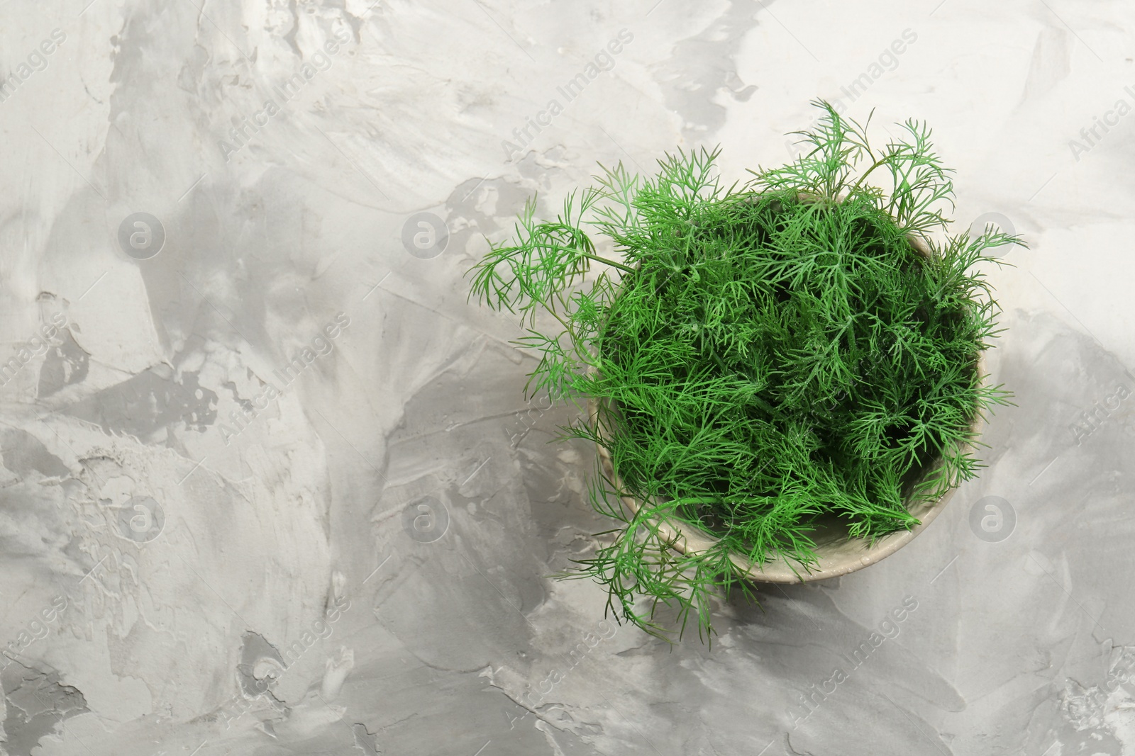 Photo of Bowl of fresh green dill on light grey table, top view. Space for text